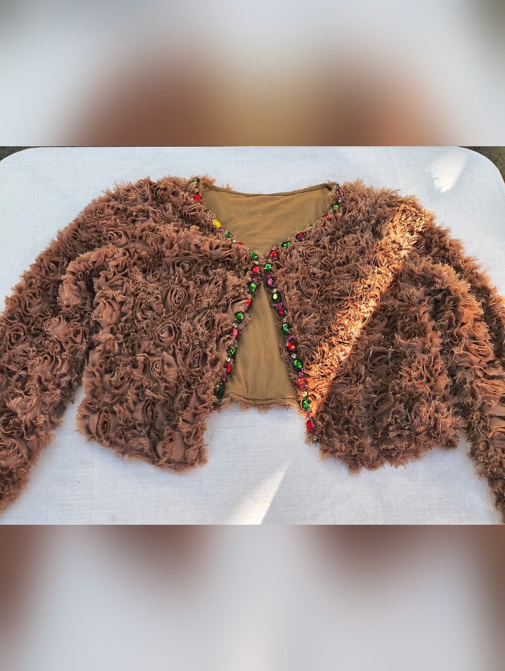 Brown Textured Cropped Jacket With Multi Color Rhinestones - Picture 2 of 11